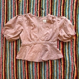 Linen Blend Deep V neck Crop Top Pink Small